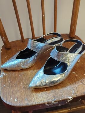 Stephen Venezia Silver Pointed Slingback Mules